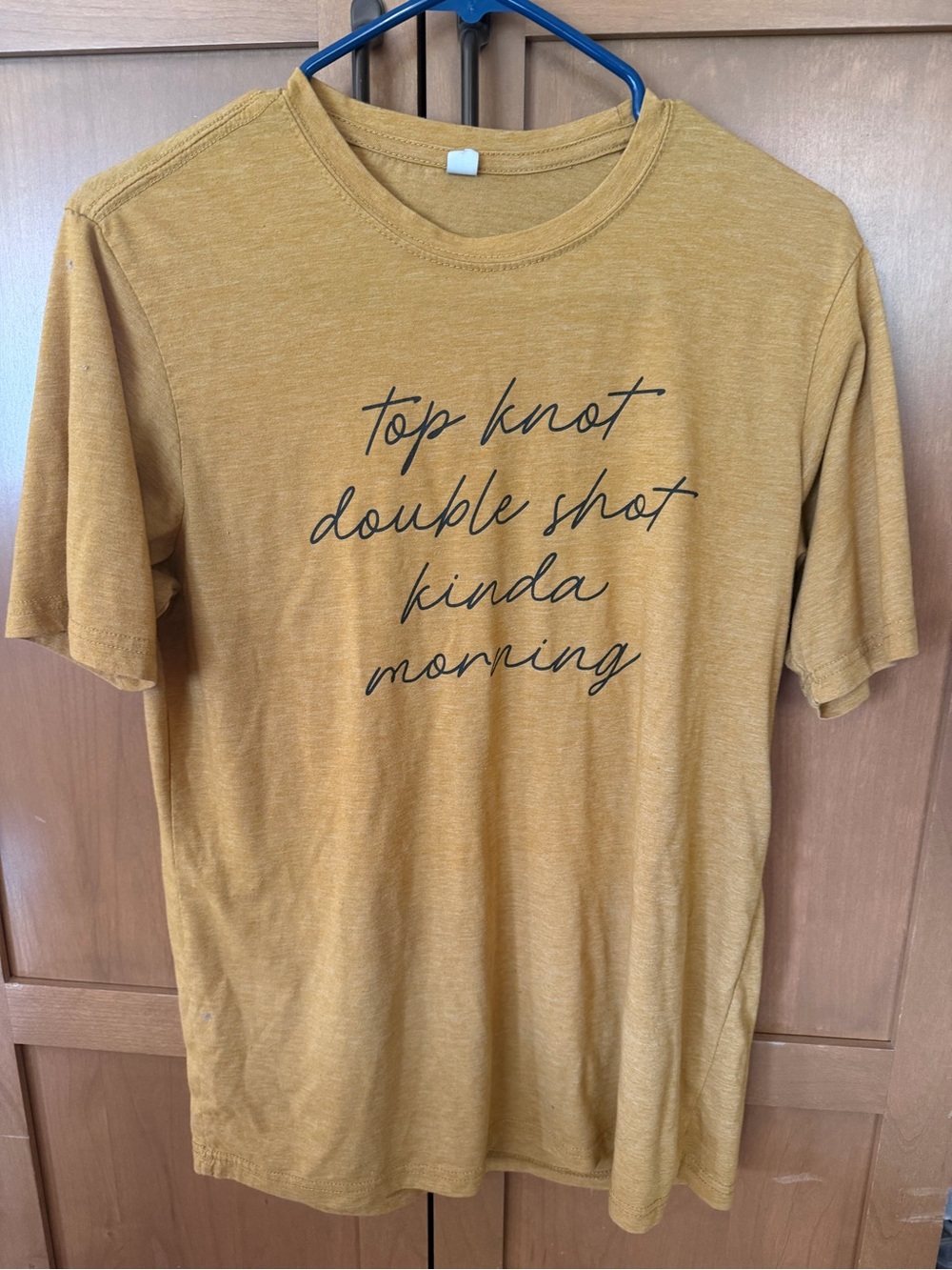 Amazon Mustard Yellow Graphic Tee - 'Top Knot Double Shot Kinda Morning'